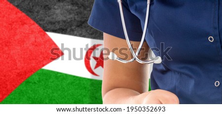Sahrawi Arab Democratic Republic flag female doctor with stethoscope, national healthcare system