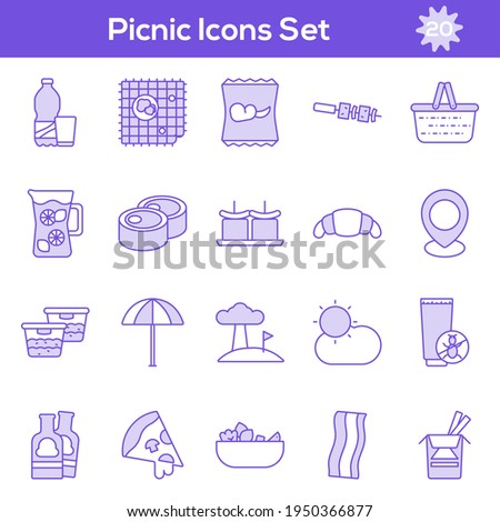 Purple And White Color Set of Picnic Icon In Flat Style.