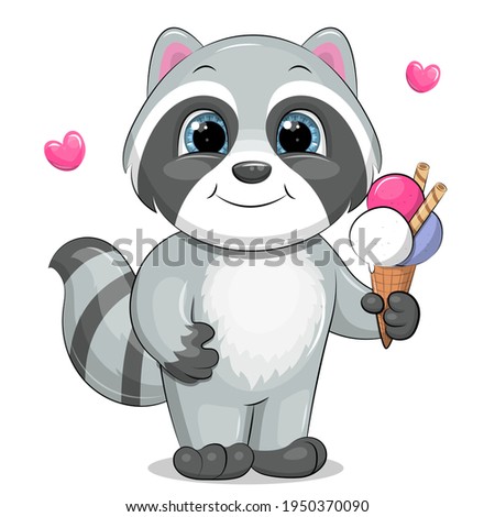 Cute cartoon raccoon with ice cream. Vector illustration isolated on white.