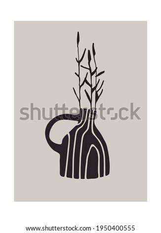 Decor printable art. Hand drawn ceramic vase with Poaceae plants on gray background. Vector illustration. Design for prints, posters, cards, textile