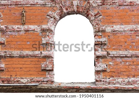 red brick wall with a hole in the middle. isolated on white background. grunge frame. horizontal frame. High quality photo