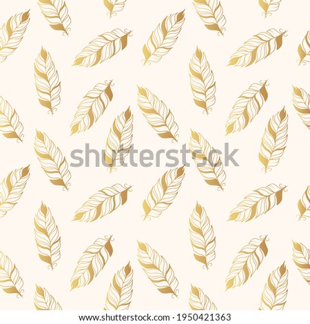 Golden seamless pattern with feathers. Gold Indian quil background for textile. Vector isolated boho illustration.