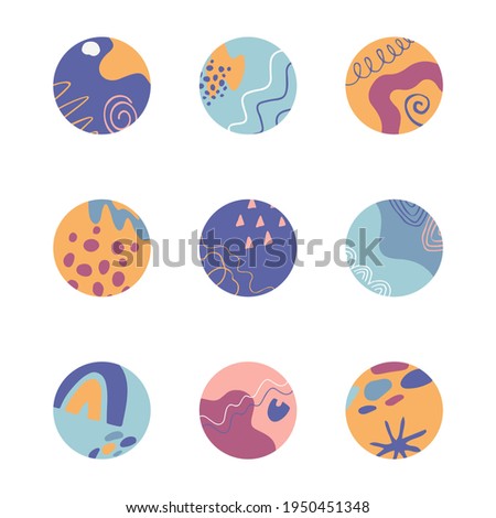 Highlights cover set, round elements and icons with dots, abstract shapes, lines, floral details. Texture for website or blog. Vector illustration. Social media template.