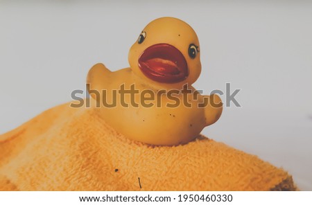 Yellow duck with yellow towel and white screen for background