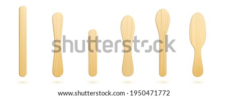 Popsicle sticks, wooden elements for holding ice cream, tongue depressor for throat medical examination different shapes and sizes isolated on white background, Realistic 3d vector Illustration, set Royalty-Free Stock Photo #1950471772