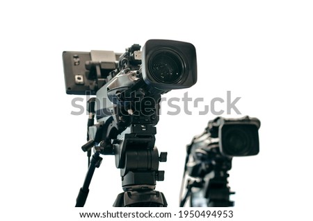 Isolated HDTV camcorders on tripods. Events broadcasting service, white background. Reportage equipment, TV technologies