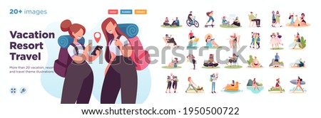 Summer vacation illustration set. Scenes with people performing summer outdoor activities-sunbathing, swimming,hiking. Vector illustration. Royalty-Free Stock Photo #1950500722