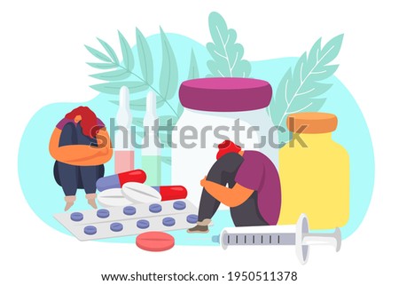Person with stress problem, flat drug addiction concept, vector illustration. Sad man woman character in depression, addict people despair Royalty-Free Stock Photo #1950511378