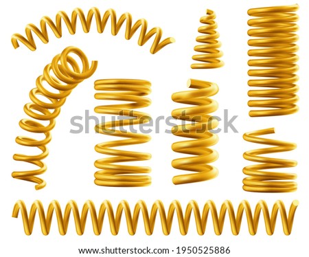 Gold spring coils, flexible spiral metal wire. Vector realistic set of golden elastic springy coils different shapes for suspension or machine absorber isolated on white background Royalty-Free Stock Photo #1950525886