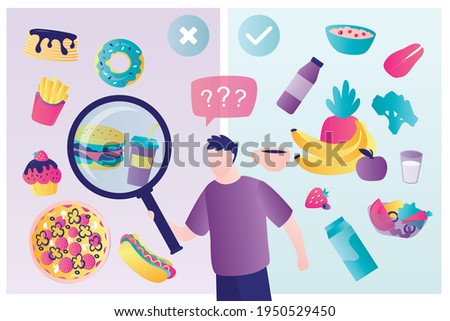 Icons of healthy food and fastfood. Handsome man chooses between healthy and unhealthy food. Different sweets and snacks. Various vegetables. Right choice. Healthcare, nutrition concept. Flat vector