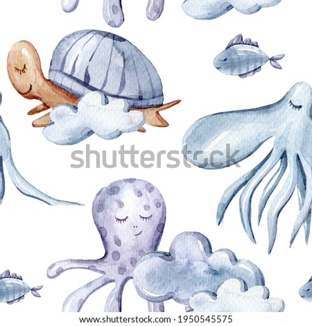 Watercolor hand painted sea creatures illustration. Seamless pattern on white background. Turtle, fish, octopus clipart. Perfect for textile design, fabric, wrapping paper, scrapbook paper