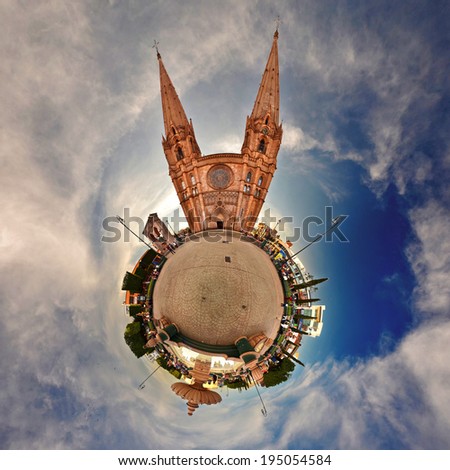 360 degrees photo about a church and its plaza  in Arandas Jalisco Mexico