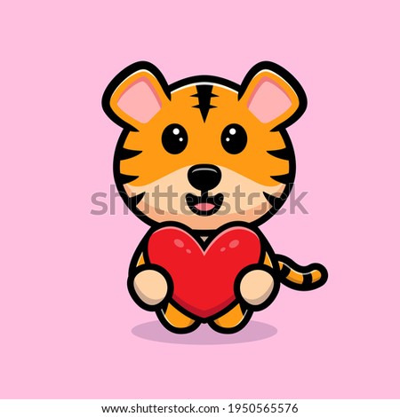 Cute tiger holding heart cartoon mascot