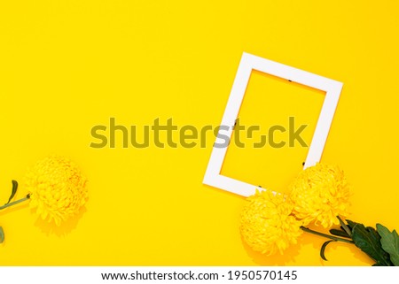 Banner with flower and blank white photo frame on yellow background with copy space, free text place. Framing workshop. Bright festive certificate. Border picture. Summer remembrance. Greeting card.