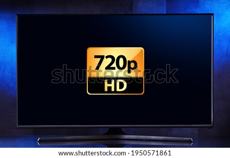 A flat-screen TV set displaying a 720p HD icon Royalty-Free Stock Photo #1950571861
