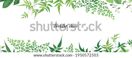 Tropical forest greenery leaves, branches, jasmine vine, forest fern, herbs natural border, frame, banner. Vector, editable, watercolor art illustration. Poster, wedding invite, greeting card template Royalty-Free Stock Photo #1950572503