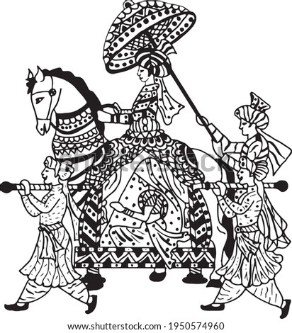 black and white line art design indian wedding symbol groom and instrument player barat