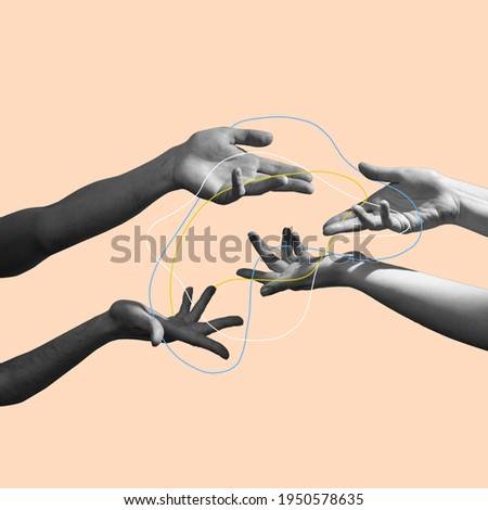 Difficulties. Hands aesthetic on bright background, artwork. Concept of human relation, community, togetherness, symbolism, surrealism. Light and weightless touching unrecognizable Royalty-Free Stock Photo #1950578635