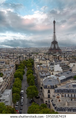 Aerial panoramic view of the city of Paris and the Eiffel Tower in the background
