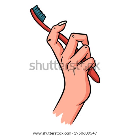 Toothbrush in hand. in cartoon style. For design and decoration.