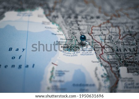 Rangoon (Yangon), the capital city of Myanmar pinned on geographical map