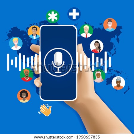 3D hand holding mobile phone with audio chat social network application at  world map background. Diverse people avatars, multiethnic men and women icons. Microphone, sound waves. Vector illustration