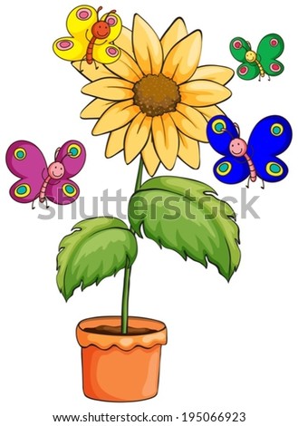 Illustration of a pot with a flowering plant and colourful butterflies on a white background