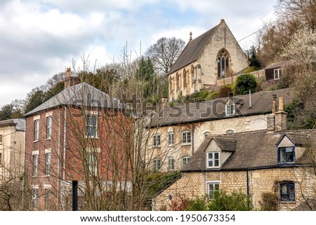 View of Chalford showing the old Ebenezer Wesleyan Chapel on the hill, Chalford, Stroud, England, United Kingdom Royalty-Free Stock Photo #1950673354