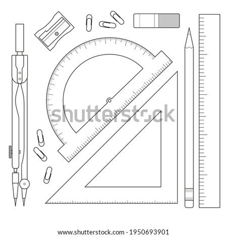 A set of items for measurements - protractor, compasses, ruler. Collection of stationery isolated on white background. Vector illustration