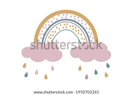 Cute baby boho rainbow with clouds and rain in scandinavian style, lovely decoration isolated on white background. Pastel colors, baby shower, nursery. 