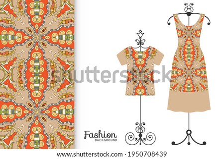 Fashion art collection, vector illustration. Colorful seamless pattern, t-shirt and women's dress model on a hanger. Isolated design elements for fabric textile or paper print, invitation card design