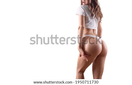 Image of a woman's waist, legs and buttocks on a white background. Plastic surgery concept. No name. Mixed media