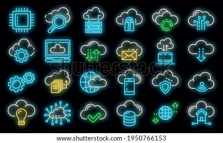 Cloud technology icons set. Outline set of cloud technology vector icons neon color on black