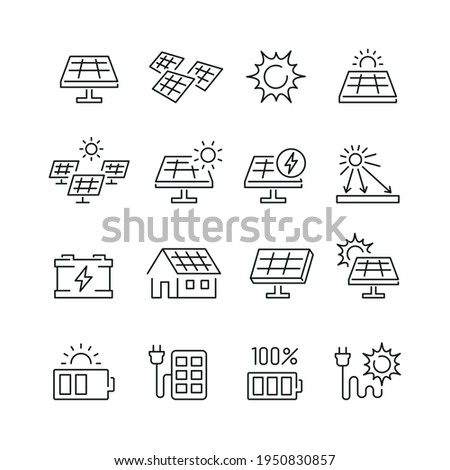 Solar panel related icons: thin vector icon set, black and white kit Royalty-Free Stock Photo #1950830857