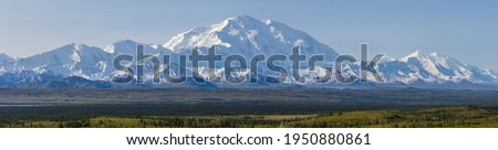 Denali National Park is filled with amazing wildlife but the Alaska Range is the true icon of the park. At about 30 miles away from the Denali National Park Road the mountain dominates the horizon.  Royalty-Free Stock Photo #1950880861
