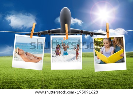Composite image of instant photos hanging on a line against plane taking off