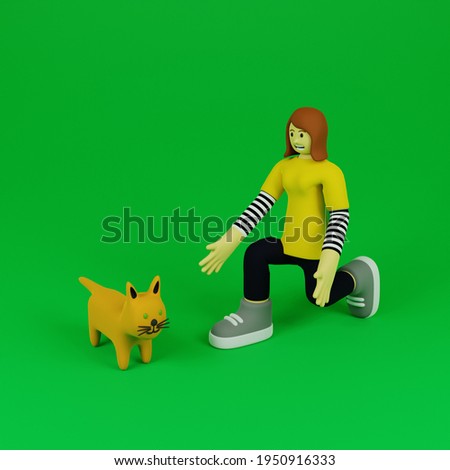 3d illustration character and pet cat