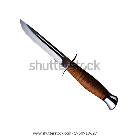 Knife made of Damascus steel with a wooden handle on a isolated white background Royalty-Free Stock Photo #1950919627