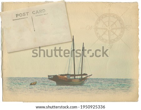 Vintage beach with sailboat, postcard and retro compass