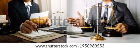 Business and lawyers discussing contract papers with brass scale on desk in office. Law, legal services, advice, justice and law concept  picture with film grain effect