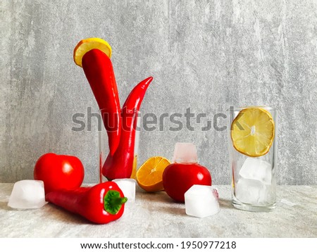 red, fresh peppers on the table. Minimal healthy food concept. Detox menu set, Spicy meal veg fruit cook. Art design card shot above table. Flat lay view close up copy space for text.