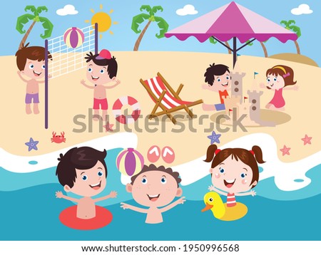 Happy kids playing at beach vector concept for banner, website, illustration, landing page, flyer, etc.