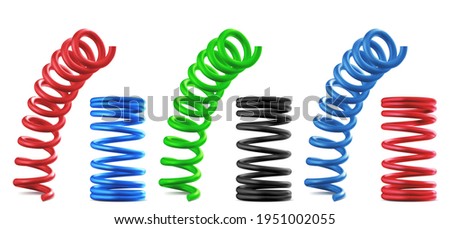 Metal springs, realistic colorful coils isolated set. Flexible spiral parts, bouncing and compressed red, blue, green and black industrial or mechanic garage objects, 3d vector illustration, clip art Royalty-Free Stock Photo #1951002055