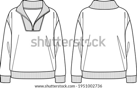 Vector unisex sweatshirt fashion CAD, woman sweatshirt with rib and zip details technical drawing, template, flat, sketch. Jersey or woven fabric sweatshirt with front, back view, white color Royalty-Free Stock Photo #1951002736