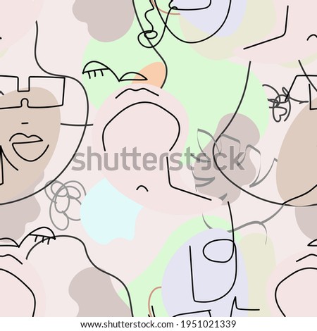 One line drawing. Abstract face seamless pattern. Vector Modern minimal art.  Graphics contour background. Continuous line drawing. Linear design woman and man faces. Beauty modern print. 