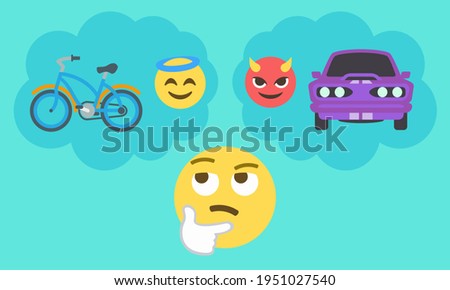 thinking face emoji and two thought bubbles with angel face and bike on the left and devil face with car on the right,choice,decisions,life balance,lifestyle concept vector illustration