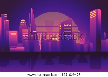 Retro City Artistic vector illustration with tall buildings and many decorations. Silhouettes of buildings, a variety of shapes and sizes, and solid color outlines on a purple background.