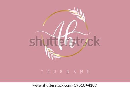 AH a h Letters logo design with golden circle and white leaves on branches around. . Vector Illustration with A and H letters for personal branding, business, eco friendly or natural products. 