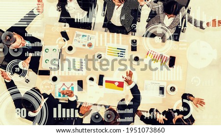 Creative visual of business people in the corporate staff meeting . Concept of digital technology for marketing data analysis and investment decision making .