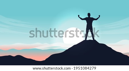 Personal growth - Male person standing on mountain peak after triumph and having overcome adversity. Mental strength and winner mentality concept. Vector illustration. Royalty-Free Stock Photo #1951084279
